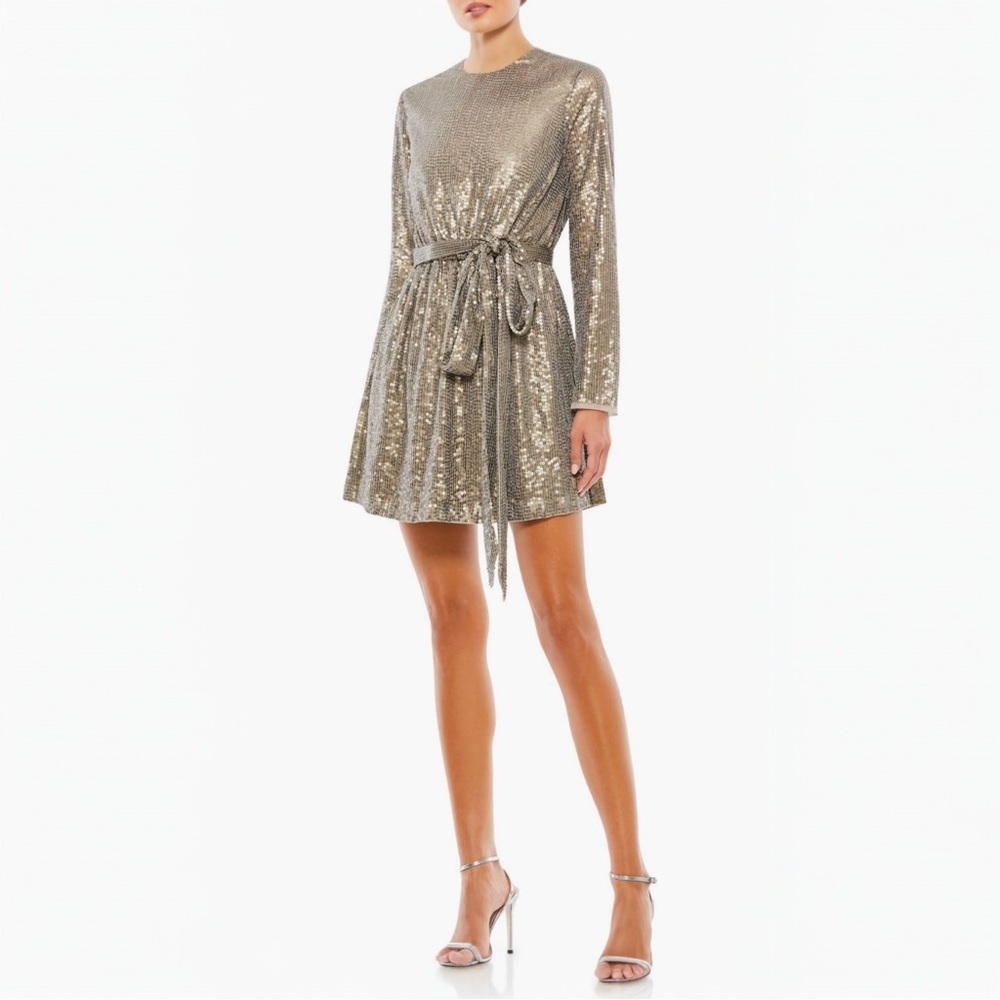 Mac Duggal 10789 Sequin Long Sleeve Mini Dress In Taupe Size 14